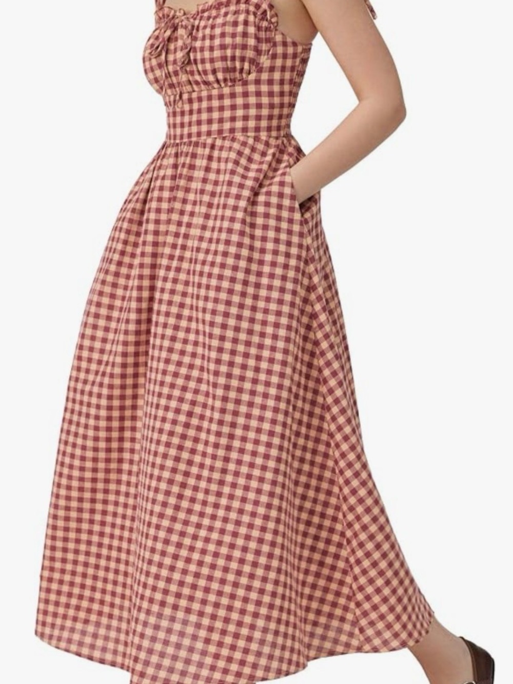 SOLD ❌ Cider Burgundy and Beige Gingham Tie-Shoulder Maxi Dress with Bow Front - Picture 5 of 9